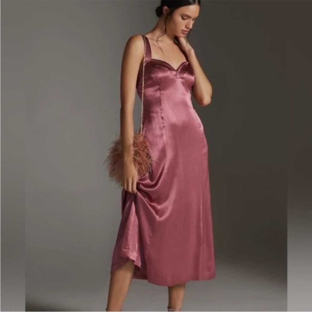 Anthropologie Dusty Rose Satin Cross-Back Strap Midi Dress